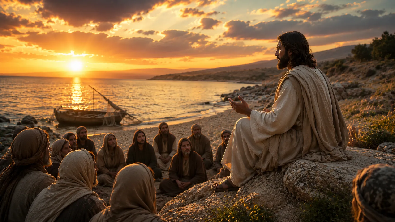 Calm dawn over still water with an open Bible and a warm cup of tea on a wooden table