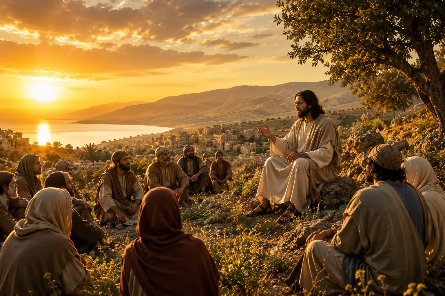 Jesus standing near a stone tomb, a tear on His cheek, with mourners nearby at dusk