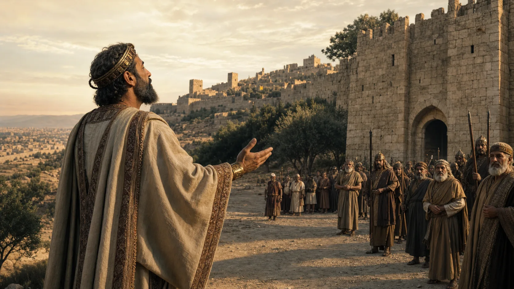 Biblical scene illustrating God Restores Manasseh to Jerusalem and His Kingdom