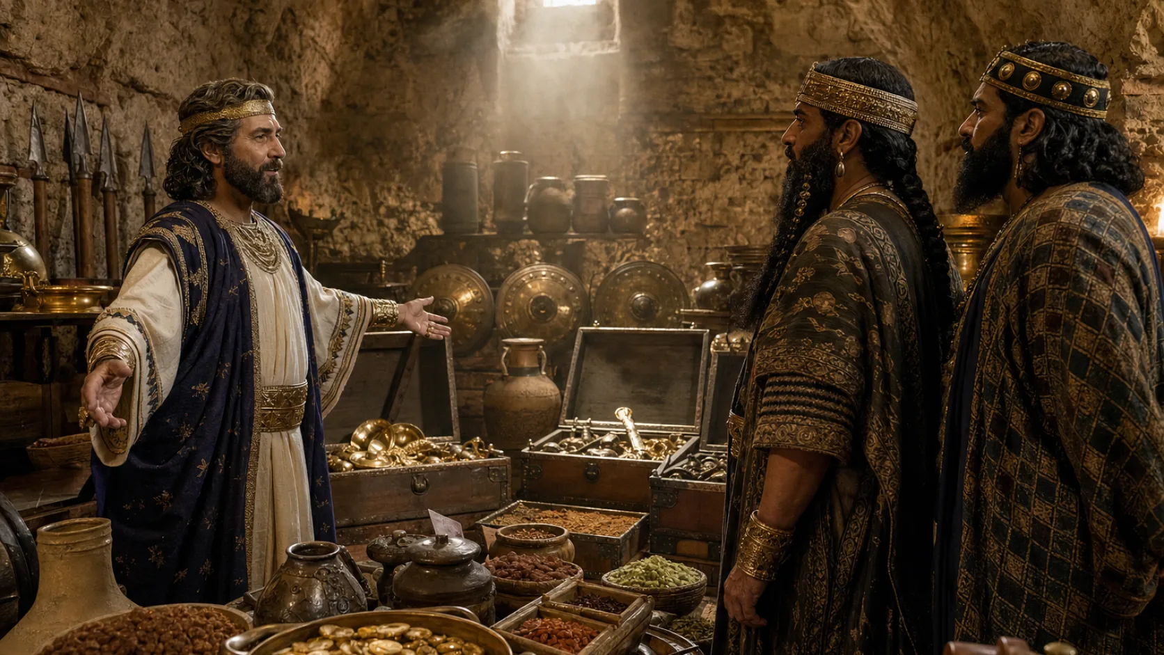 Biblical scene illustrating Hezekiah Shows Babylon His Treasures