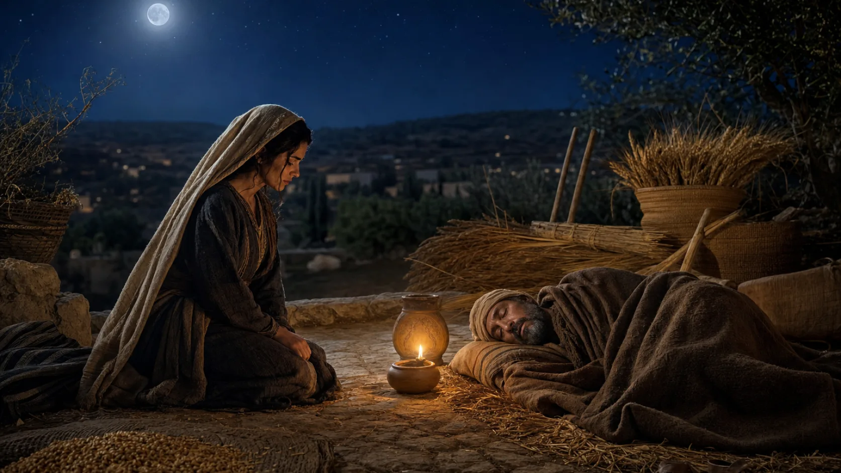 Biblical scene illustrating Ruth Appeals to Boaz as Her Kinsman-Redeemer