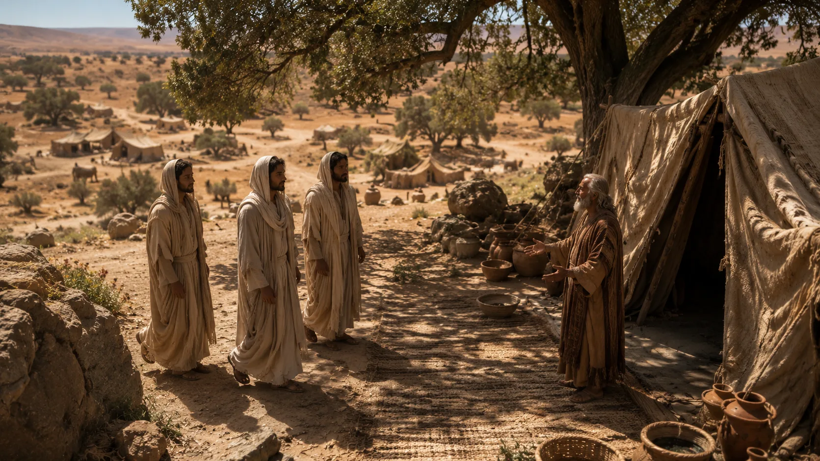 An ancient patriarch standing reverently near oak trees at midday welcoming divine visitors.