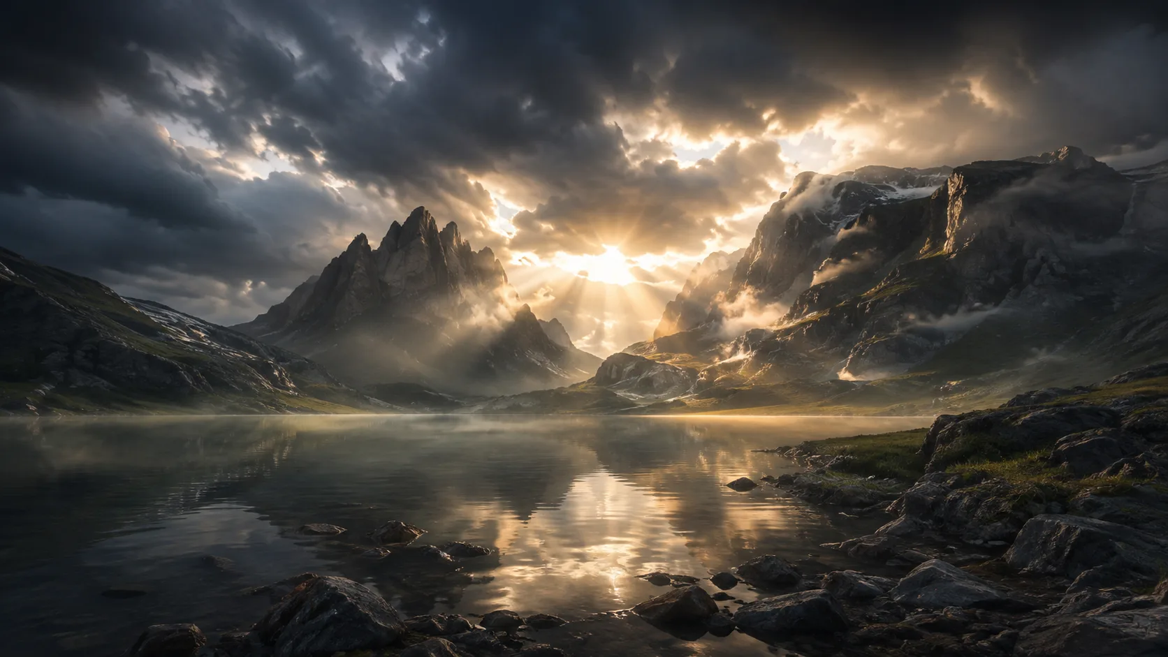 Dramatic dawn light piercing dark mists over serene primordial waters.